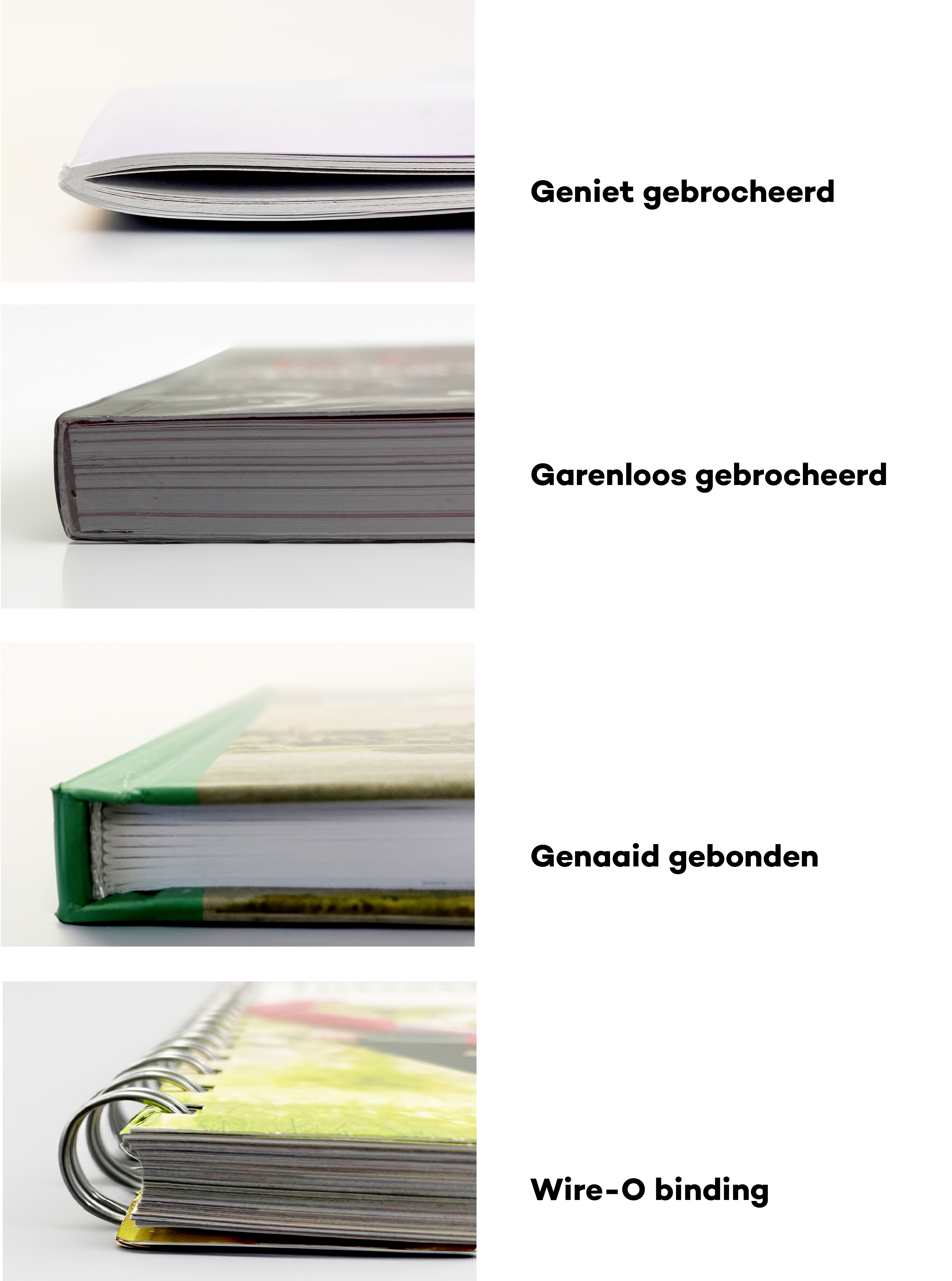 verschillende afwerktechnieken van een brochure, of (losbladig)boek